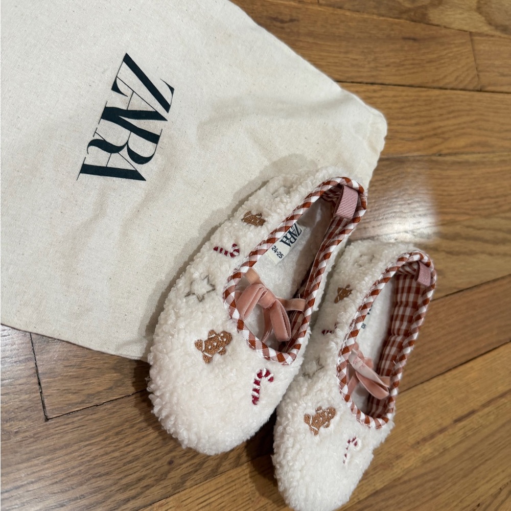Zara Kids Cream Sherpa Slippers with Pink Gingham Trim and Festive Embroidery